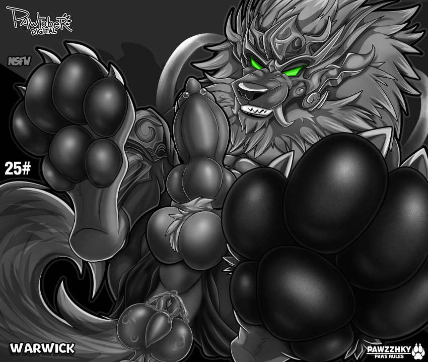 absurd_res anthro balls butt canid canine canis dildo genitals hi_res knot league_of_legends male mammal pawpads paws pawzzhky penis piercing raised_paw riot_games sex_toy solo video_games warwick_(lol) wolf