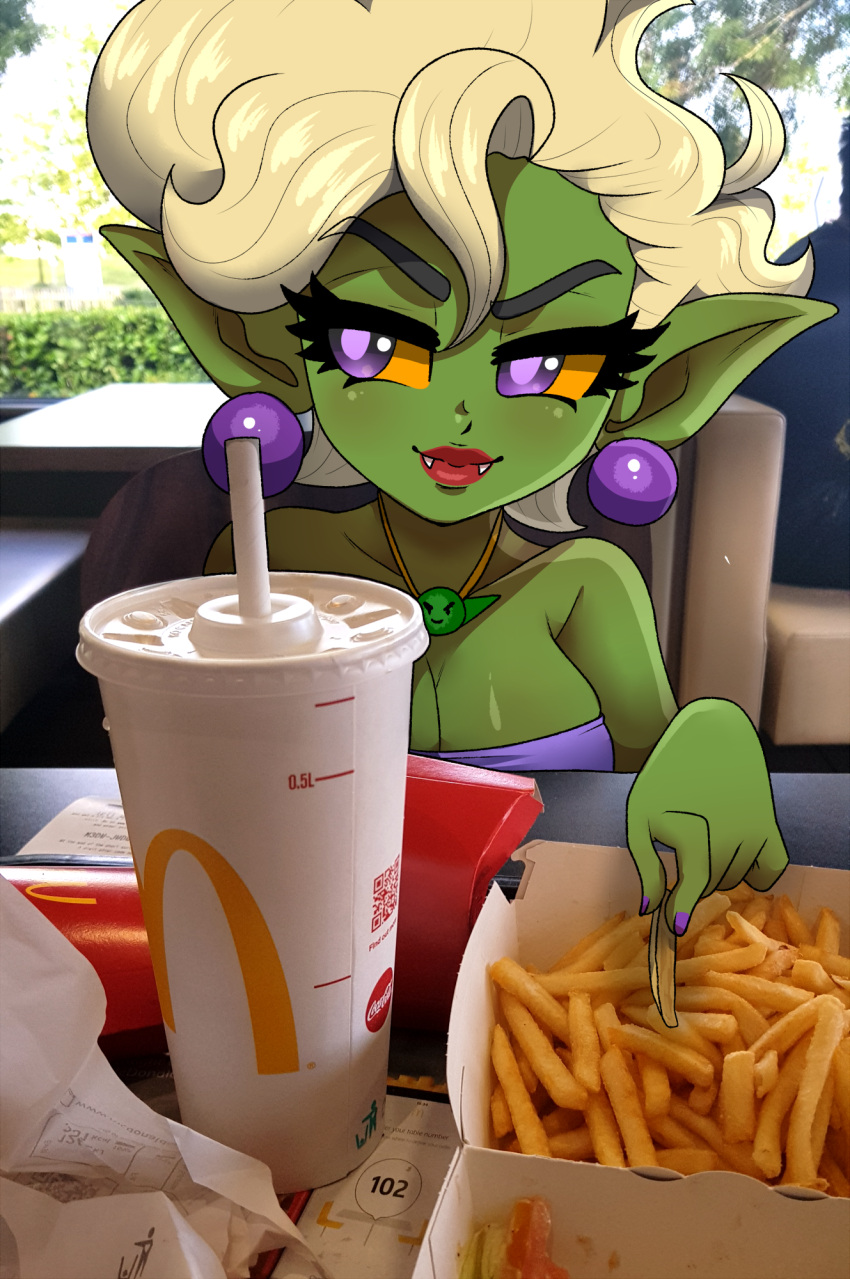 beverage blonde_hair breasts cleavage clothed clothing ear_piercing ear_ring fangs female food fries goblin green_body green_skin hair halle_the_goblin hi_res humanoid jewelry lips mcdonald's necklace photo_background piercing pink_lips purple_eyes simmsyboy smile soda yellow_sclera