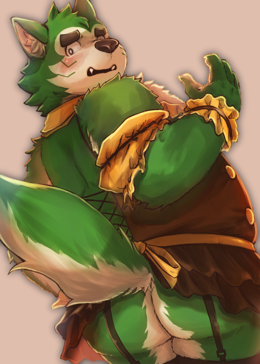 2021 absurd_res anthro black_nose blush butt canid canine canis clothed clothing crossdressing domestic_dog dress embarrassed fur garter_straps green_body green_fur hi_res humanoid_hands kemono legwear lifewonders live-a-hero maid_uniform male mammal mokdai multicolored_body multicolored_fur overweight overweight_male reo_oil skimpy skimpy_dress solo stockings two_tone_body two_tone_fur uniform video_games