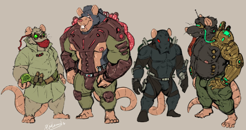 2021 anthro armor belly biped black_body bottomwear bulge clothed clothing grey_body group humanoid_hands male mammal moobs murid murine musclegut nipples pants pure_command rat rodent scar simple_background