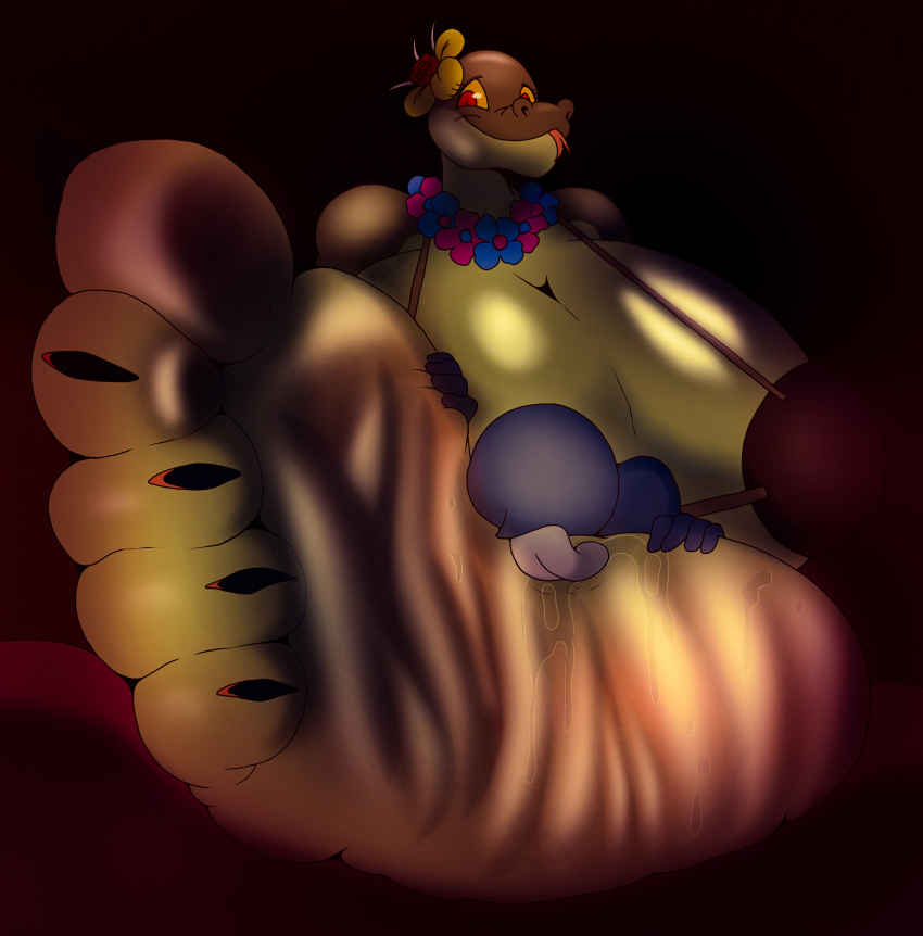 5_fingers 5_toes absurd_res anaconda anon anthro big_breasts black_claws black_nails blush boa_(snake) bodily_fluids body_blush boinae breasts claws coconut_bra colored_nails countershade_feet countershading dirty_feet duo feet female fingers flower_on_head foot_blush foot_fetish foot_focus foot_lick foot_play green_body hi_res huge_breasts humanoid humanoid_feet humanoid_hands idel lei licking male male/female margret_stalizburg nails red_eyes reptile saliva scalie smile snake soles toe_claws toes tongue tongue_out wrinkled_feet yellow_sclera zp92