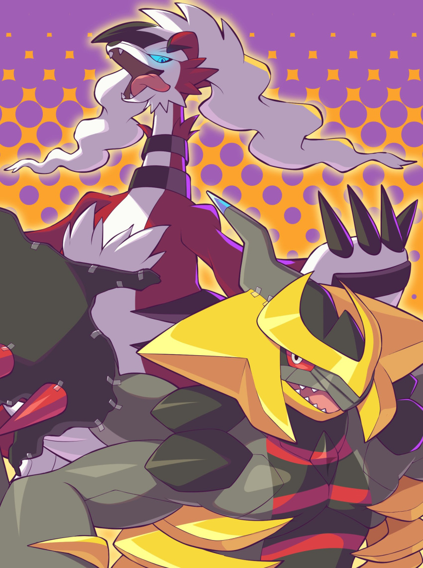 ambiguous_gender anthro blue_eyes cosplay dragon duo giratina hi_res legendary_pok&eacute;mon lycanroc midnight_lycanroc nintendo on_ice_(artist) pok&eacute;mon pok&eacute;mon_(species) red_eyes reshiram tongue tongue_out video_games wings zekrom