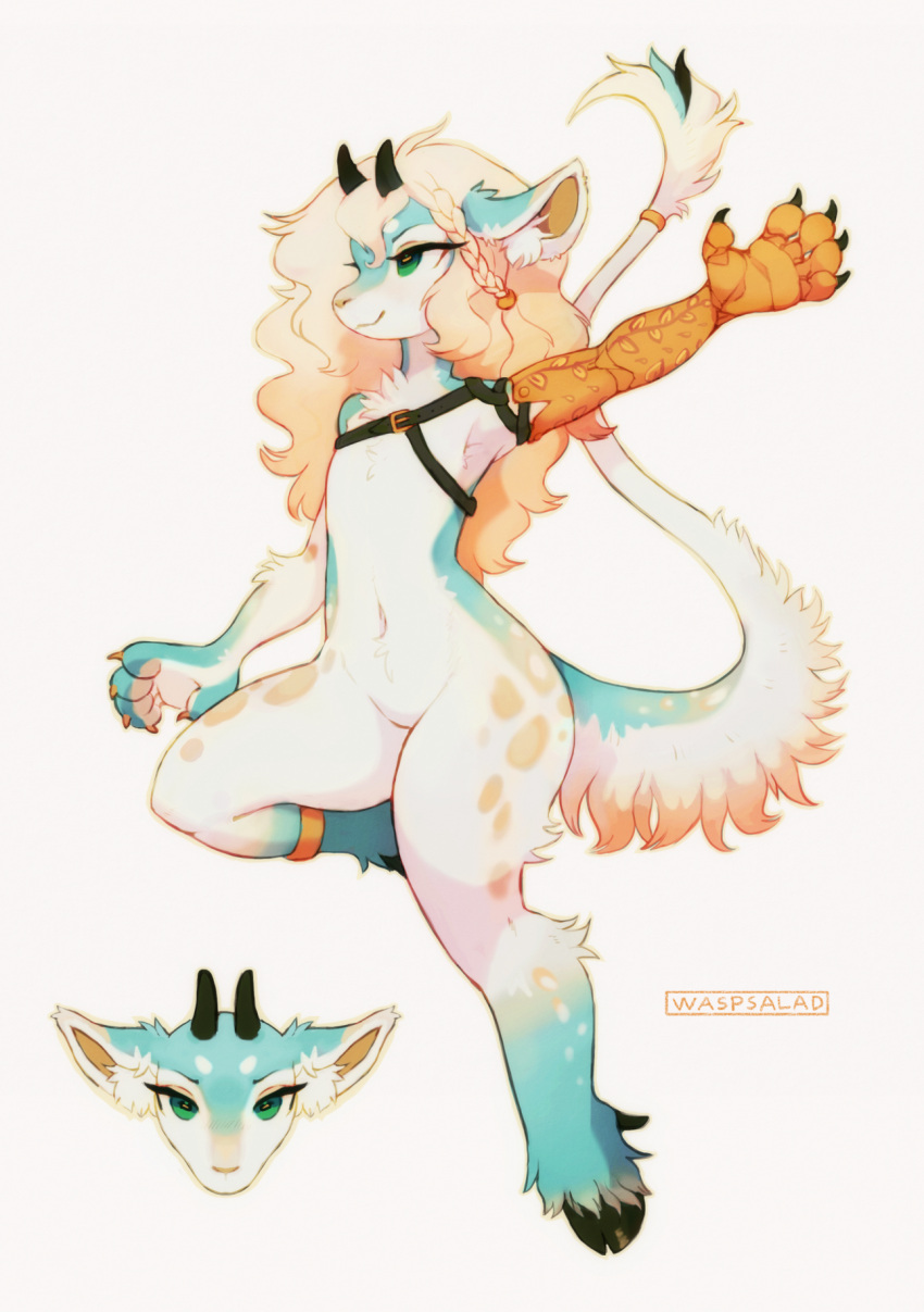 anthro blonde_hair bovid braided_hair caprine chest_tuft claws cloven_hooves female flat_chested fluffy goat green_eyes hair hi_res hooves horn inner_ear_fluff jewelry long_tail mammal markings paws prosthetic prosthetic_arm prosthetic_limb solo straps tuft waspsalad