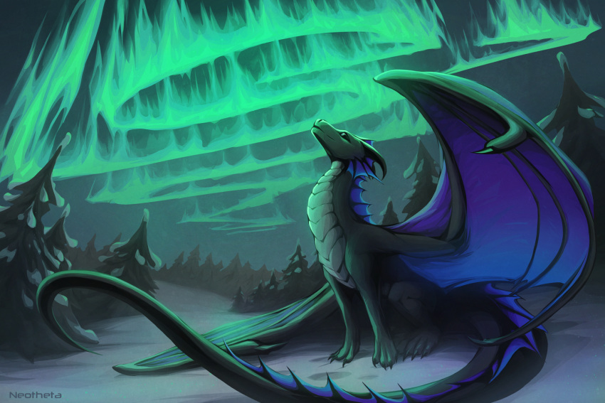 2021 3:2 ambiguous_gender aurora_borealis borealis claws detailed_background digital_media_(artwork) dragon feral horn membrane_(anatomy) membranous_wings neotheta night outside scales scalie sitting solo spines western_dragon wings