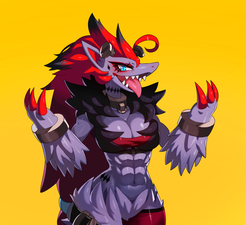 2021 abs absurd_res anthro black_highlights blue_eyes claws clothing drunk_oak fur grey_body grey_ears grey_fur hair hi_res highlights_(coloring) legwear looking_at_viewer nintendo open_mouth pink_tongue pok&eacute;mon pok&eacute;mon_(species) red_claws red_hair red_inner_ear simple_background solo thigh_highs tongue video_games zoroark