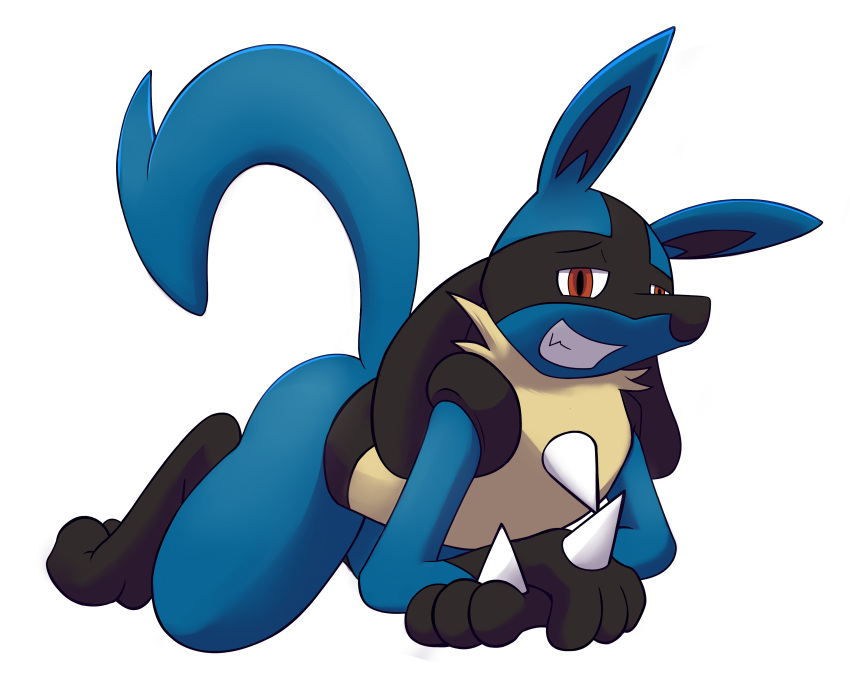 2015 absurd_res all_fours alpha_channel ambiguous_gender anthro black_body black_fur blue_body blue_fur butt canid canine digital_media_(artwork) dripponi fur grin half-closed_eyes hi_res looking_at_viewer lucario mammal narrowed_eyes nintendo pok&eacute;mon pok&eacute;mon_(species) raised_tail red_eyes simple_background smile solo spikes transparent_background video_games yellow_body yellow_fur