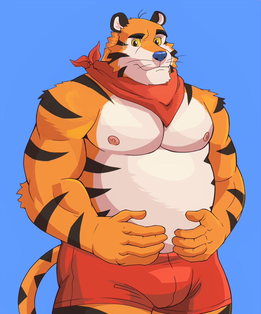 2021 absurd_res anthro belly blue_background blue_nose bulge clothing felid frosted_flakes hi_res humanoid_hands kellogg's male mammal mascot moobs naikuma nipples orange_body overweight overweight_male pantherine simple_background solo tiger tony_the_tiger underwear white_body