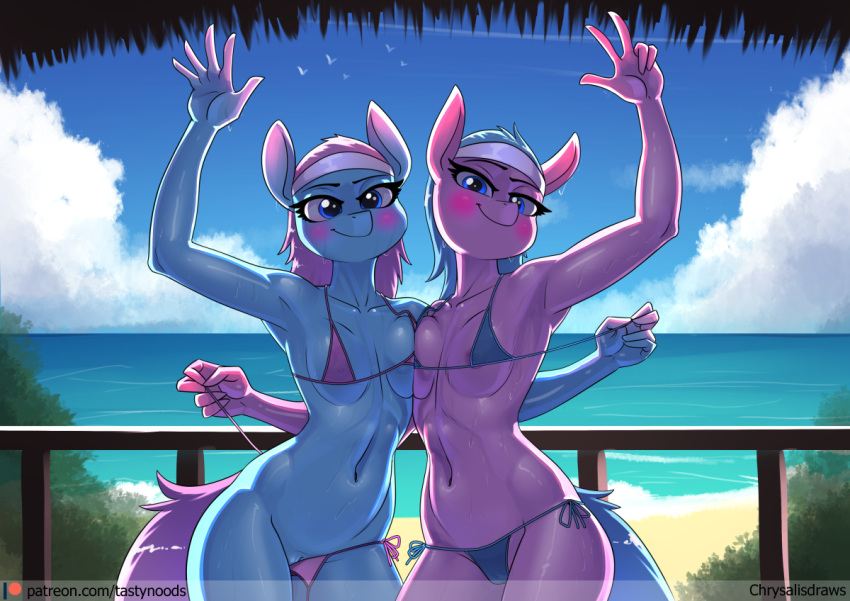 aloe_(mlp) anthro areola areola_slip assisted_exposure beach bikini bikini_pull blue_bikini blue_body blue_clothing blue_eyes blue_fur blue_hair blue_swimwear blush breast_squish breasts breasts_frottage chrysalisdraws clothing clothing_pull cloud duo earth_pony equid equine eyebrows eyelashes female friendship_is_magic fur genitals glistening glistening_body hair hasbro horse long_hair looking_at_viewer lotus_(mlp) mammal my_little_pony navel nipples outside pink_body pink_fur pink_hair pony purple_bikini purple_clothing purple_swimwear pussy seaside sibling side-tie_bikini sister sisters small_breasts smile smiling_at_viewer squish swimwear swimwear_pull translucent twins wet