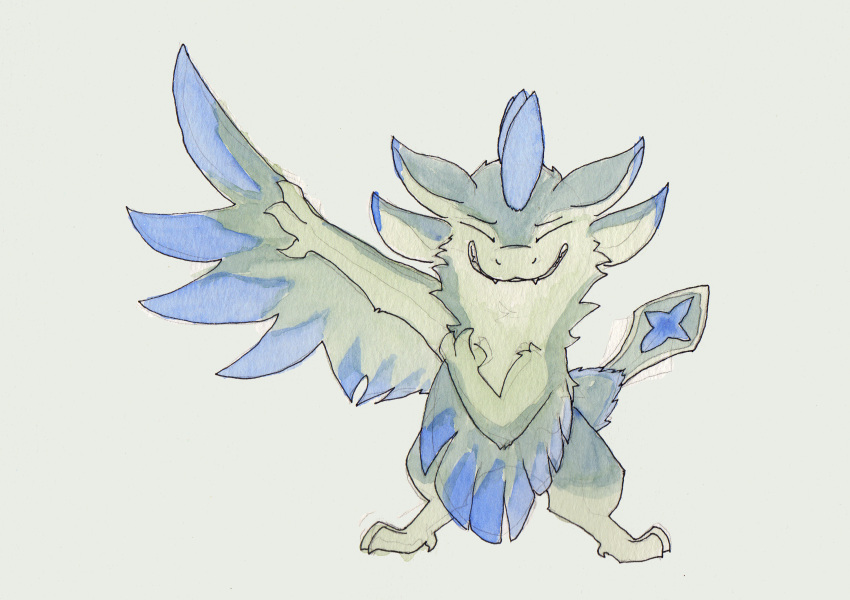 4_ears anthro avali avali_(original) blue_body blue_feathers countershading dabbing dewclaw digitigrade feathered_crest feathered_wings feathers female green_body green_eyes head_crest hi_res input-command luvashi meme multi_ear solo winged_arms wings