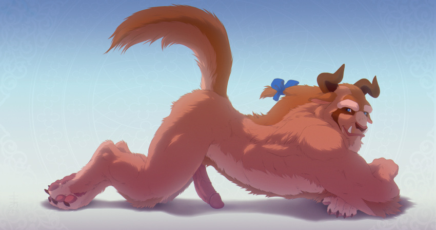 ass_up beast_(disney) beauty_and_the_beast blue_eyes body_hair brown_body brown_fur claws crossed_arms crossed_feet crossed_legs disney elbow_tuft erection fangs fluffy fluffy_tail foreskin fur genitals glans hair handpaw happy_trail hi_res hindpaw horn humanoid_genitalia humanoid_penis knee_tuft leg_tuft long_hair looking_at_viewer male monster nude pawpads paws penis pink_glans pink_pawpads pink_penis plantigrade pose raised_tail retracted_foreskin ribbons side_butt smile solo tuft vein veiny_penis zen