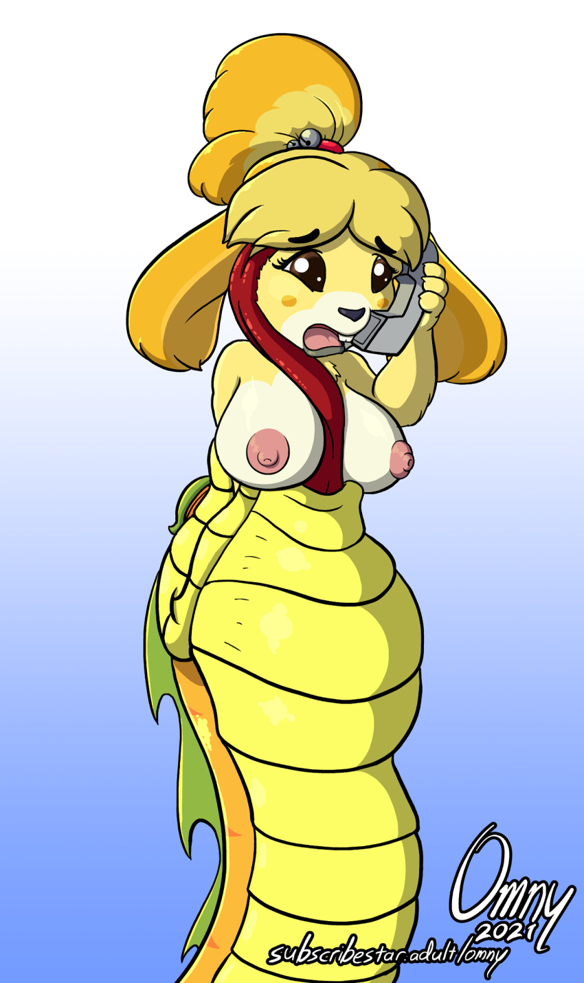 2021 animal_crossing anthro between_breasts big_breasts breasts canid canine canis domestic_dog duo feet_first female female_prey feral hi_res isabelle_(animal_crossing) licking male male/female mammal mango_(omny87) nintendo omny87 oral_vore phone reptile scalie shocked_expression snake soft_vore text throat tongue tongue_on_face tongue_out url video_games vore