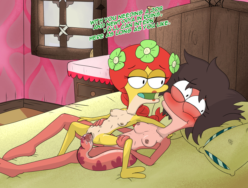 2021 amphibia_(series) amphibian anthro bed bella_(amphibia) blush breasts disney duo felicia_sundew female female/female female_on_top frog furniture hi_res jumpjump lying_on_another newt nipples nude on_bed on_top penetration salamander_(amphibian) sex tail_fetish tail_in_pussy tail_play tail_sex tailjob vaginal vaginal_penetration