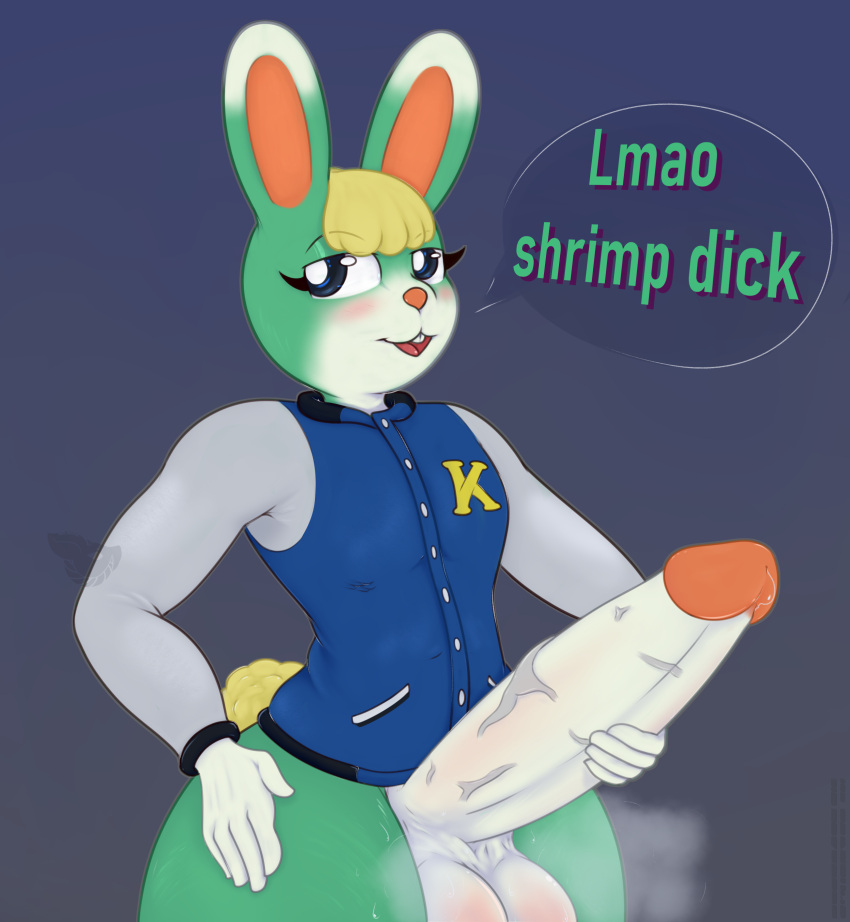 absurd_res animal_crossing anthro balls big_penis blonde_hair blush bodily_fluids clothed clothing colored dialogue english_text eyelashes fur genital_fluids genitals green_body green_fur grey_background grey_eyes hair hand_on_hip hand_on_penis hare hi_res holding_penis huge_penis humiliation hyper hyper_genitalia hyper_penis insult jacket lagomorph leporid light_blush looking_aside male mammal multicolored_body multicolored_fur musk nintendo no_underwear open_mouth outline penis penis_humiliation precum precum_on_penis presenting rabbit sasha_(animal_crossing) scut_tail short_tail simple_background small_penis_humiliation solo sp_advanced speech_bubble standing sweat sweatdrop sweaty_balls sweaty_genitalia text topwear vein veiny_penis video_games
