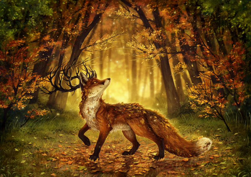 2021 4_toes ambiguous_gender canid canine day detailed_background digital_media_(artwork) feet feral forest fox fur grass hi_res hybrid kanizo mammal orange_body orange_fur outside paws plant smile solo toes tree white_body white_fur