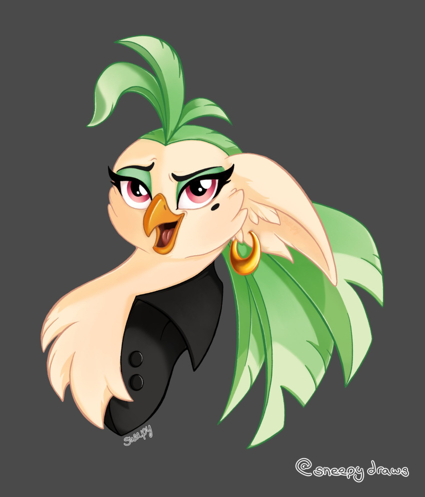 2021 anthro avian beak beauty_mark bird bust_portrait captain_celaeno_(mlp) chest_tuft clothing ear_piercing ear_ring eyebrows eyelashes feather_hair feathers female friendship_is_magic green_body green_feathers grey_background hi_res inner_ear_fluff lidded_eyes my_little_pony my_little_pony:_the_movie_(2017) open_beak open_mouth parrot piercing portrait pseudo_hair red_eyes signature simple_background sneepy solo tan_body tan_feathers tuft