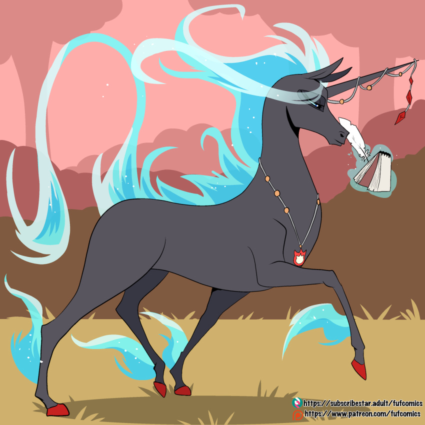 1:1 black_body black_fur blue_hair equid equine ethereal_hair ethereal_mane ethereal_tail female feral fuf fur hair half-closed_eyes hi_res hooves horn long_horn loose_feather mammal narrowed_eyes notebook outside pseudo_hair pseudo_mane quill solo unicorn unicorn_horn