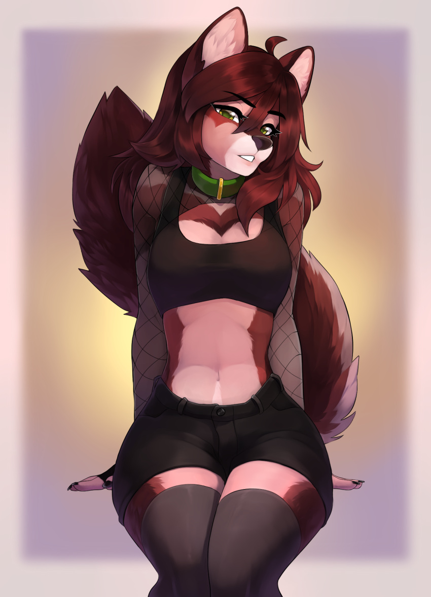 2021 anthro breasts brown_body brown_fur brown_hair canid canine canis clothed clothing collar digital_media_(artwork) eyebrows eyelashes female fur green_eyes hair hi_res mammal pubes red_wolf skylar_zero solo talilly wolf