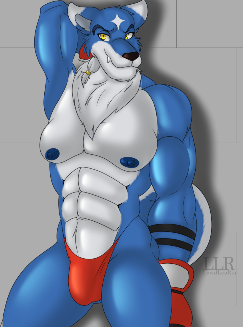 abs anthro bandai_namco blue_body blue_fur bodily_fluids bulge canid canine canis clothed clothing digimon digimon_(species) fur gaogamon gloves hands_behind_back handwear hi_res klr-rio looking_at_viewer male mammal multicolored_body multicolored_fur muscular muscular_anthro muscular_male nipples nude pose simple_background smile solo underwear white_body white_fur