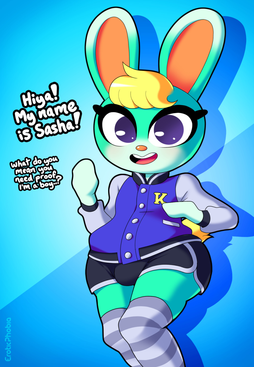 animal_crossing anthro bottomwear clothing digital_media_(artwork) eroticphobia footwear girly hi_res jacket knee_highs knee_socks lagomorph legwear leporid male mammal nintendo rabbit sasha_(animal_crossing) shaded shorts socks solo topwear varsity_jacket video_games