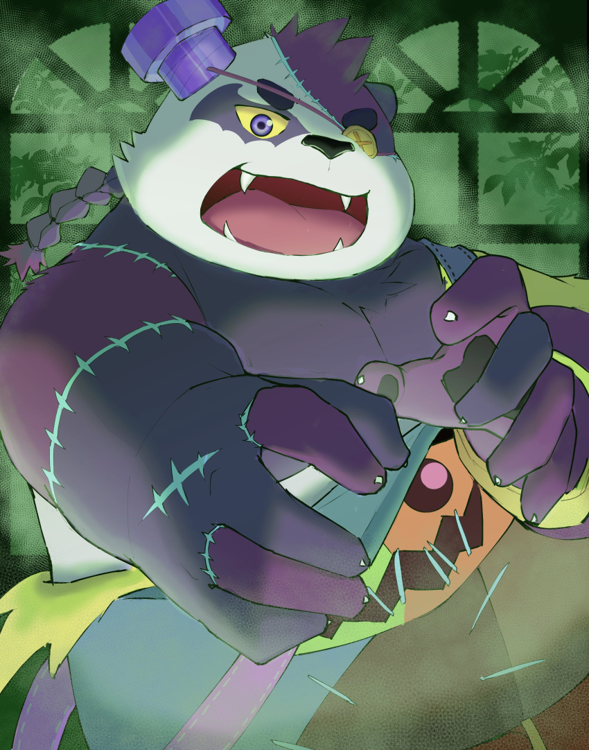 2021 absurd_res alp_(tas) anthro black_nose cute_fangs detailed_background english_text eye_patch eyewear giant_panda halloween halloween_costume hi_res holidays humanoid_hands kemono lifewonders male mammal overweight overweight_male purple_body solo suro964708 text tokyo_afterschool_summoners ursid video_games white_body