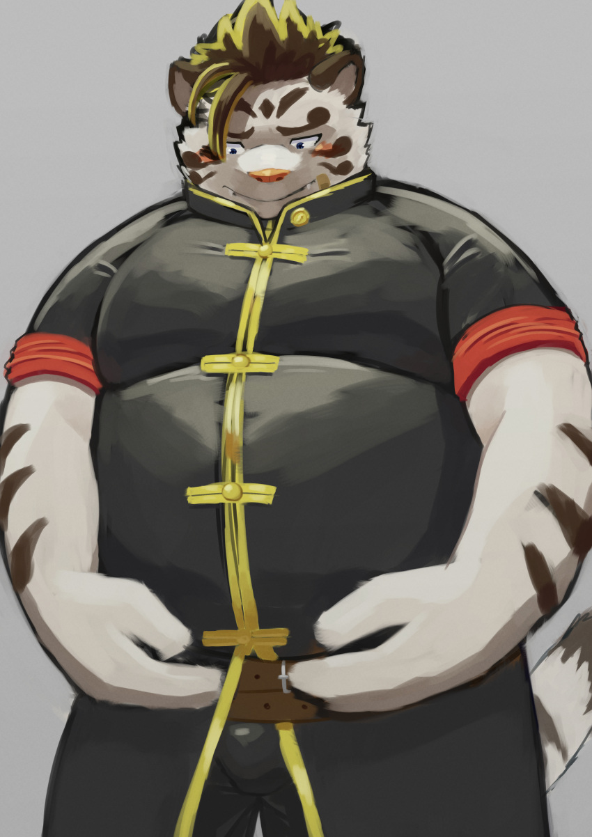 2021 absurd_res anthro belly blush clothed clothing felid hi_res humanoid_hands kemono kumamikan licho_(tas) lifewonders male mammal overweight overweight_male pantherine simple_background solo tiger tokyo_afterschool_summoners video_games white_body