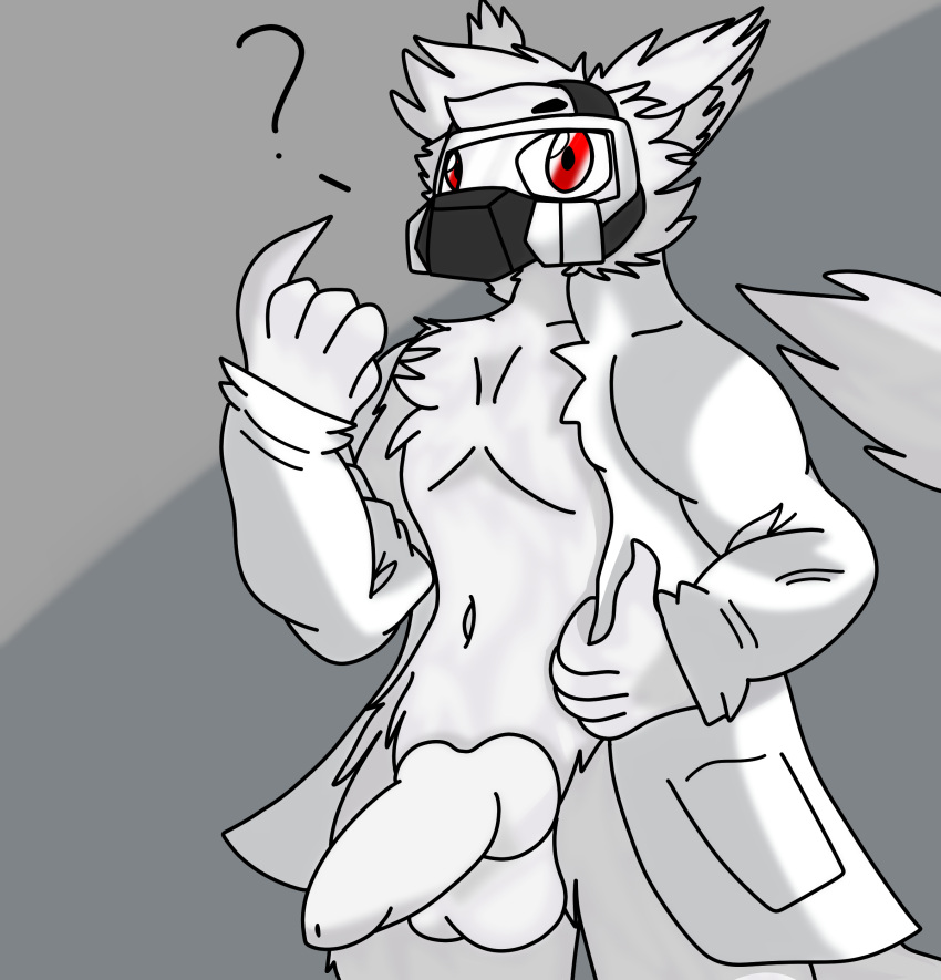 ? absurd_res anthro balls canid canine canis changed_(video_game) clothed clothing coat digital_media_(artwork) dr._k_(changed) erection fur gas_mask genitals hair hi_res lab_coat looking_at_viewer male mammal mask nude orbical penis red_eyes simple_background solo topwear white_body white_fur wolf