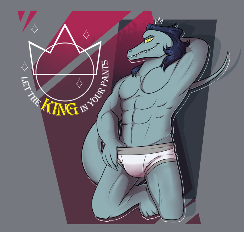 anthro briefs clothing disney grey_body hair hi_res lizard looking_at_viewer male muscular muscular_male pose reptile scalie septarian solo star_vs._the_forces_of_evil texaskingofthegeeks text tighty_whities toffee_(svtfoe) underwear white_clothing white_underwear yellow_eyes