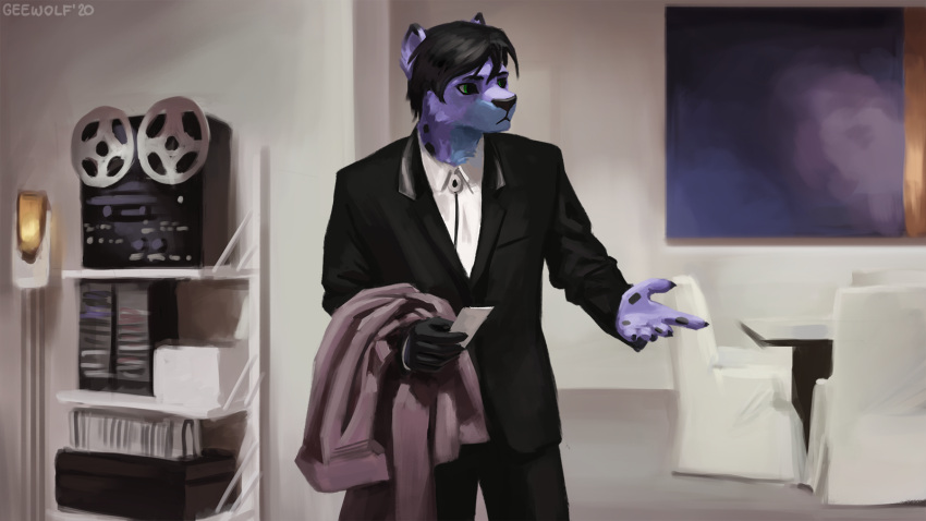 16:9 2020 5_fingers anthro biped blue_body blue_fur cheetah clothed clothing confusion detailed_background felid feline fingers fur geewolf green_eyes hair hi_res holding_object inside john_travolta male mammal meme pulp_fiction purple_body purple_fur suit vincent_vega widescreen