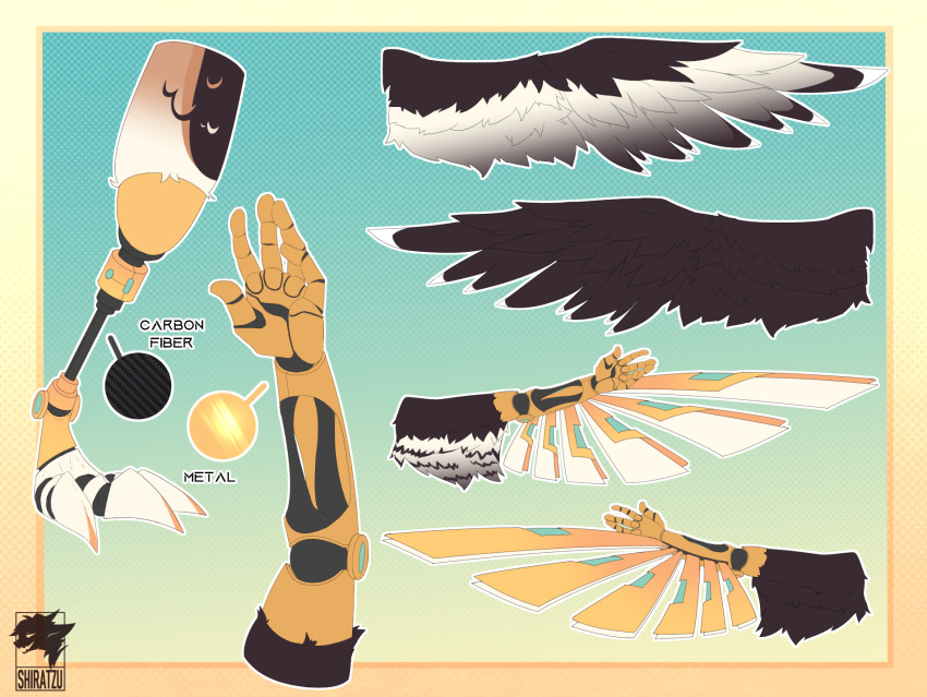 accipitrid accipitriform anthro aquilinae avian bird brown_body claws cybernetic_arm cybernetic_limb cybernetics digital_media_(artwork) eagle feathered_wings feathers hi_res machine metallic_wings mismatched_wings model_sheet ornate_hawk-eagle prosthetic prosthetic_arm prosthetic_leg prosthetic_limb prosthetic_wings shiratzu text wings