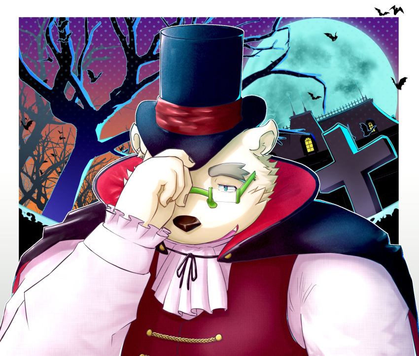 2021 anthro blue_eyes clothed clothing cute_fangs detailed_background eyewear glasses halloween halloween_costume hat headgear headwear hi_res holidays humanoid_hands kemono leib_(tas) lifewonders male mammal moon outside overweight overweight_male plant polar_bear pyrethrin_12 solo tokyo_afterschool_summoners tree ursid ursine video_games white_body