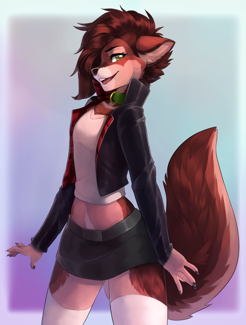 2021 anthro breasts brown_body brown_fur brown_hair canid canine canis clothed clothing collar digital_media_(artwork) eyebrows eyelashes female fur green_eyes hair hi_res mammal pubes red_wolf skylar_zero solo talilly wolf