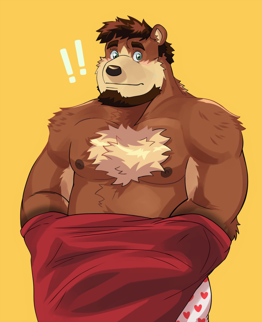 ! 2021 anthro beard belly blush brown_body brown_fur brown_nose clothing facial_hair fur hi_res male mammal moobs naikuma nipples overweight overweight_male shirt simple_background solo topwear underwear undressing ursid yellow_background