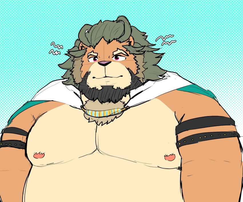 2021 6:5 anthro arsalan beard belly biped cape clothing facial_hair felid hi_res kemono lifewonders lion male mammal moobs nipples overweight overweight_male pantherine pomo_oto portrait solo tokyo_afterschool_summoners video_games