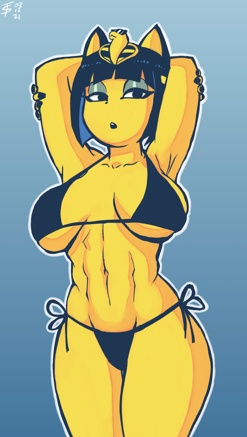 2021 abs absurd_res animal_crossing ankha_(animal_crossing) anthro athletic athletic_anthro athletic_female bangs big_breasts bikini blue_background blunt_bangs breasts clothing domestic_cat felid feline felis female fur hair hands_behind_head hi_res looking_at_viewer mammal navel nintendo short_hair side-tie_bikini simple_background solo swimwear tomboy-sama uraeus video_games wide_hips yellow_body yellow_fur