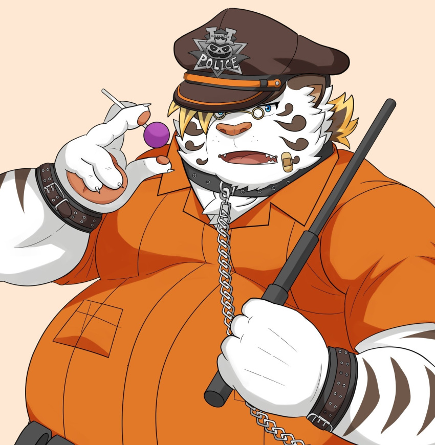 2021 anthro band-aid bandage belly clothing collar felid hi_res humanoid_hands kemono licho_(tas) lifewonders male mammal nisikemo overweight overweight_male pantherine police police_hat shirt simple_background solo tiger tokyo_afterschool_summoners topwear video_games white_body