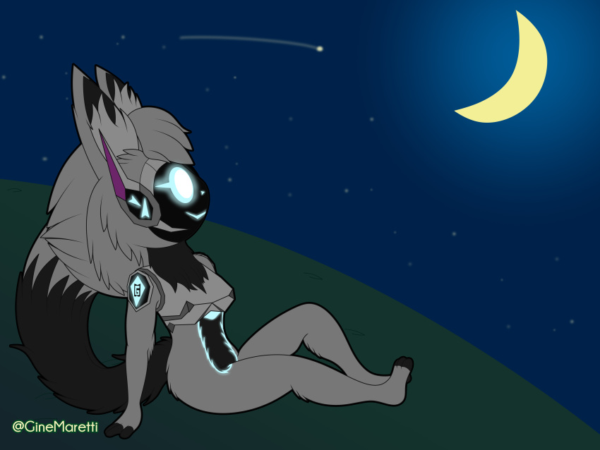 absurd_res anthro black_body black_fur blue_eyes cresent_moon female fur gine_maretti ginemarettipg grass grey_body grey_fur grey_hair hair hi_res light machine moon moonlight multicolored_body night plant protogen simple_background solo white_body white_fur