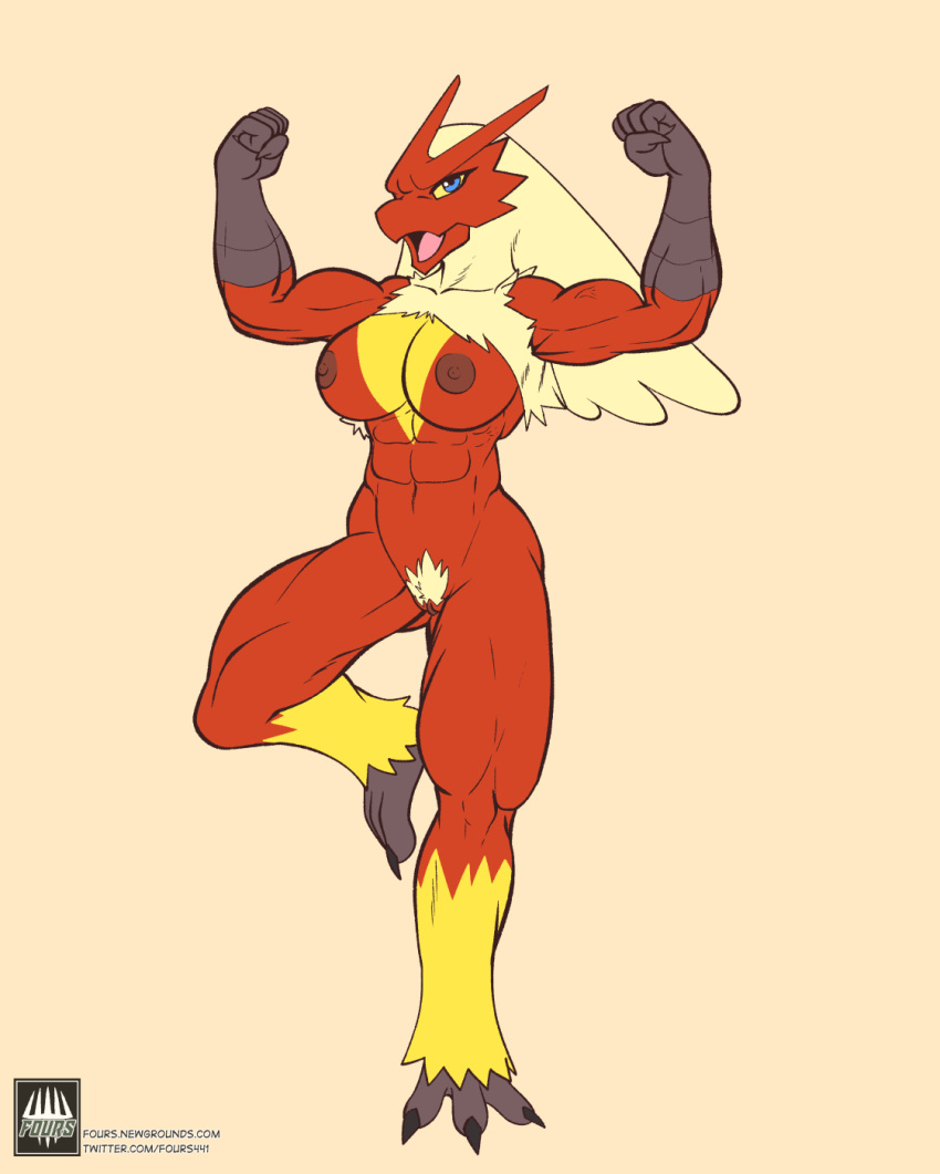 abs anthro biceps big_breasts blaziken breasts chest_tuft clitoral_hood female flexing fours_(artist) genitals hi_res muscular muscular_anthro muscular_female nintendo nipples nude on_one_leg open_mouth pok&eacute;mon pok&eacute;mon_(species) pubes pussy simple_background solo standing talon_hands talons text tuft url veiny_muscles video_games