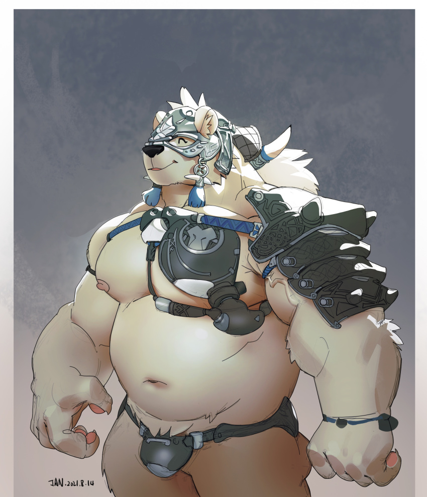 2021 absurd_res anthro armor belly biped black_nose bulge eyes_closed hi_res humanoid_hands jiandou male mammal moobs navel nipples overweight overweight_male polar_bear solo ursid ursine white_body