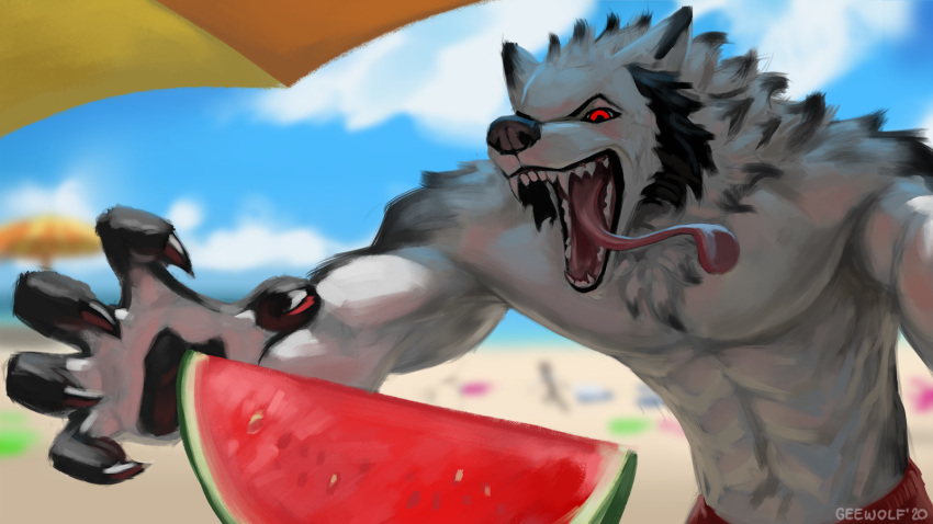 16:9 2020 5_fingers anthro beach black_body black_fur black_lips blurred_background bottomwear canid canine canis claws clothed clothing fangs fingers food fruit fur geewolf grey_body grey_fur hi_res lips male mammal melon open_mouth outside plant red_clothing red_eyes seaside solo swimming_trunks swimwear teeth tongue tongue_out topless watermelon watermelon_slice white_body white_fur widescreen wolf