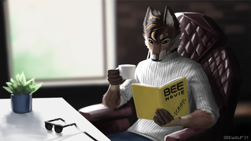 16:9 2021 anthro bee_movie bottomwear brown_body brown_fur canid canine canis chair clothed clothing container cup detailed_background domestic_dog english_text eyewear fur furniture geewolf glasses hi_res holding_cup holding_object inside male mammal plant reading sitting solo sweater text topwear widescreen