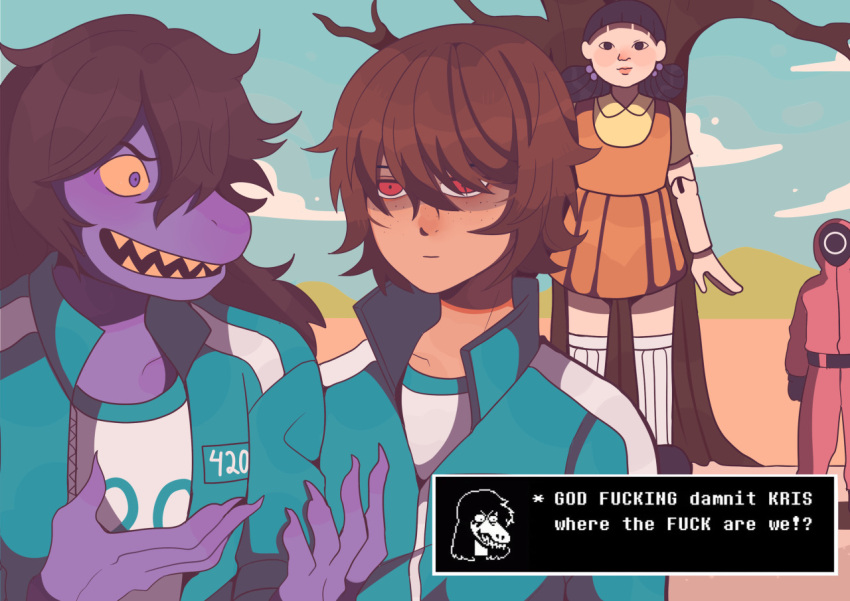 2021 angry anthro bobamiruku clothed clothing deltarune dinosaur doll english_text female guard_(squid_game) hair human humanoid humor kris_(deltarune) kris_where_are_we long_hair machine male mammal meme parody profanity purple_body purple_eyes red_eyes reptile robot robot_humanoid scalie squid_game susie_(deltarune) text text_box undertale_(series) video_games young-hee_(squid_game)