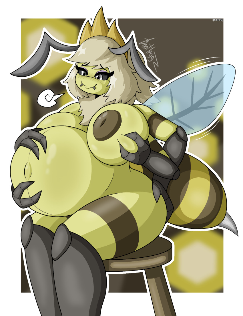2021 antennae_(anatomy) anthro areola arthropod arthropod_abdomen athena_(bootleggz) bee belly belly_rub big_belly big_breasts blush bootleggz breast_grab breast_play breast_squish breasts breath butt butt_grab cel_shading crown digital_media_(artwork) eyelashes eyeshadow fangs female fingers fur glistening glistening_body hair hand_on_breast hand_on_butt hi_res huff hymenopteran insect insect_wings inverted_nipples looking_down makeup multi_limb navel nipples non-mammal_breasts not_furry nude outline pregnant pregnant_female puffy_areola puffy_nipples shaded signature simple_background smile solo squish stinger stripes thick_thighs translucent translucent_wings wings yellow_body