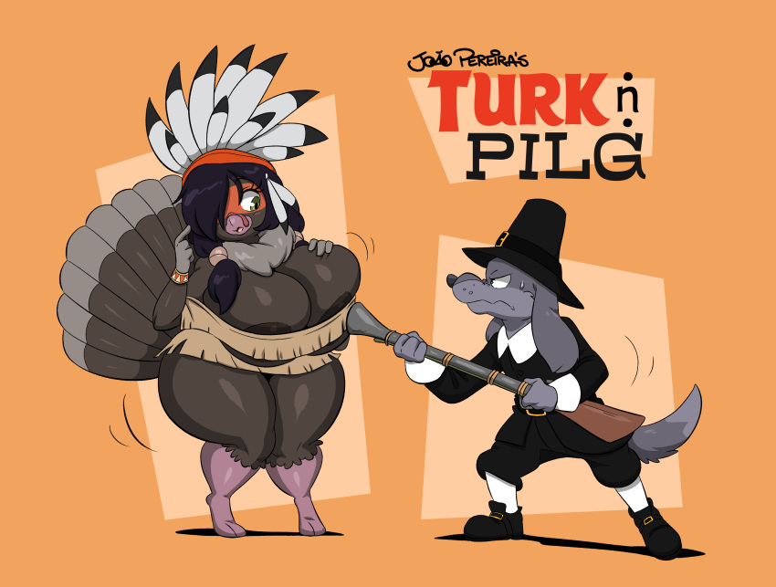 2021 anthro areola avian big_breasts bird blunderbuss breasts canid canine clothed clothing duo english_text female galliform hair hair_over_eye hand_on_breast hi_res holding_object holding_weapon holidays huge_breasts joaoppereiraus male mammal native_american non-mammal_breasts one_eye_obstructed phasianid pilgrim ranged_weapon signature text thanksgiving thick_thighs turkey weapon