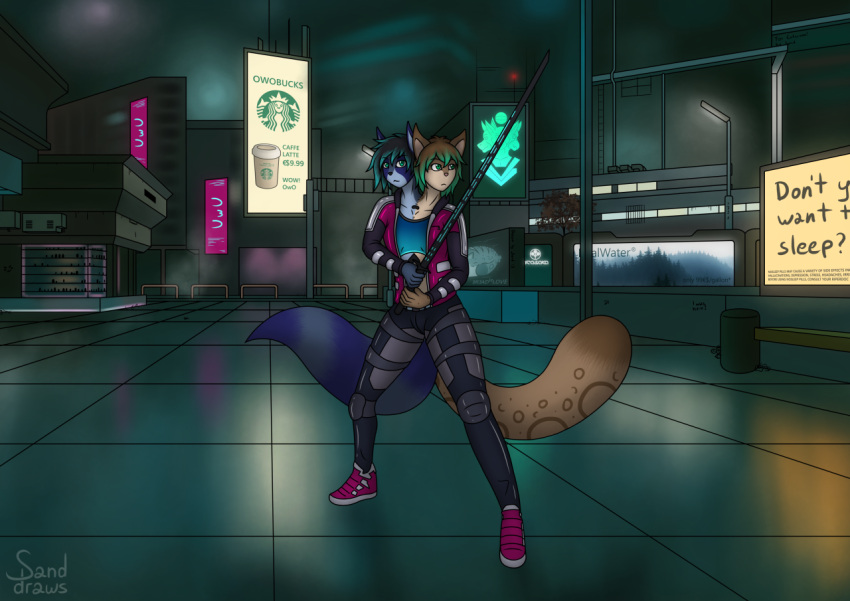 anthro bottomwear building catcoon clothing conjoined domestic_cat duo english_text felid feline felis footwear hybrid jacket male male/male mammal melee_weapon multi_head pantherine pants plantigrade plaza procyonid raccoon sanddraws shoes sign snow_leopard standing sword text topwear weapon