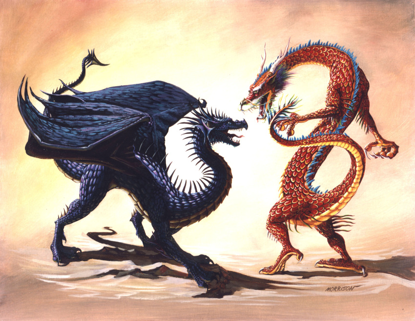 2008 absurd_res ambiguous_gender asian_mythology blue_body blue_scales claws dragon duo east_asian_mythology eastern_dragon feral hi_res horn membrane_(anatomy) membranous_wings mythology red_body red_scales scales scalie smorrisonart talons western_dragon wings