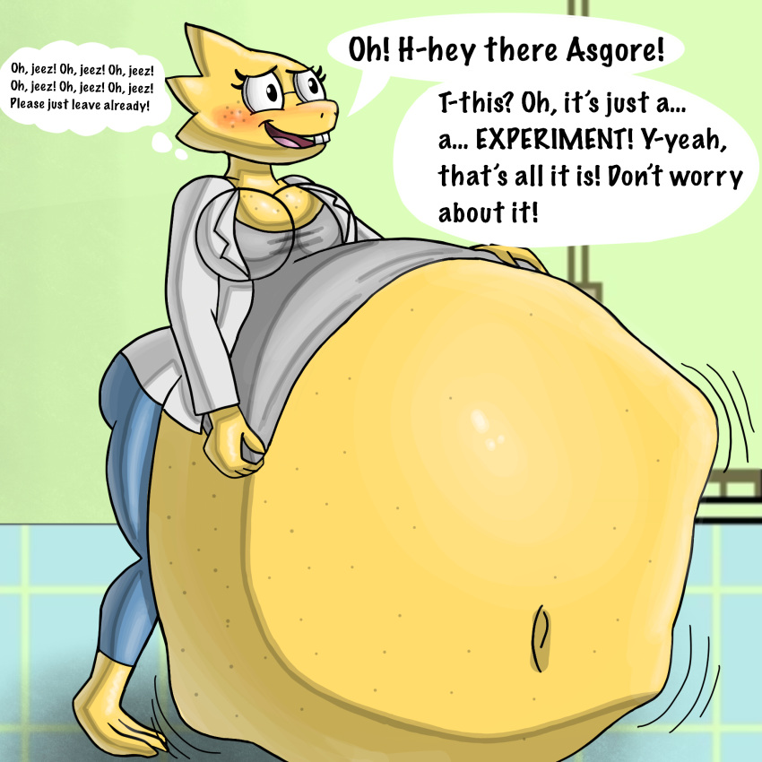 1:1 after_vore alphys anthro barefoot belly big_belly big_breasts blush bottomwear breasts buckteeth butt cleavage clothed clothing coat deep_navel dialogue english_text eyewear feet female freckles front_view glasses hi_res hyper hyper_belly imprint inside lab_coat larger_prey lies lizard navel nervous non-mammal_breasts open_mouth open_smile pants partially_clothed pulling_shirt_down reptile scales scalie shirt siredwardthe3rd smaller_pred smile solo standing stuttering teeth text three-quarter_view topwear undertale undertale_(series) video_games vore yellow_body yellow_scales