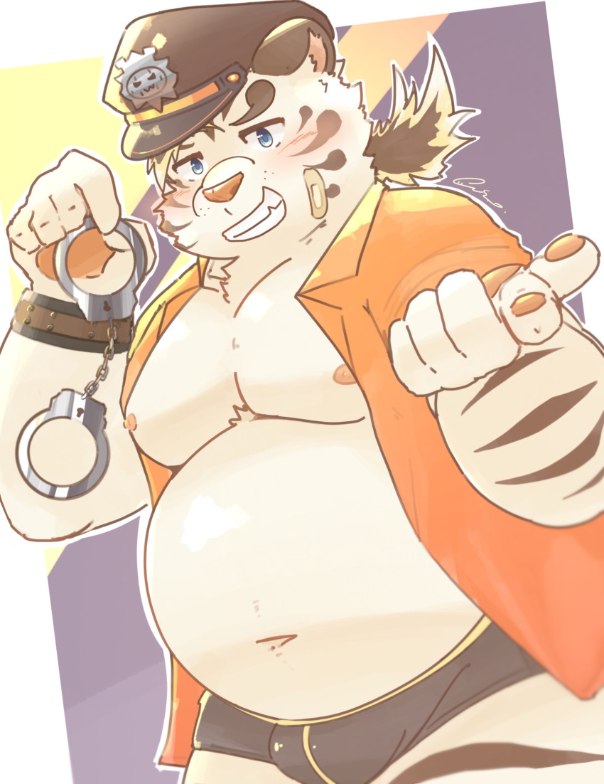 10_cosmo_24 2021 anthro band-aid bandage belly blush bulge clothed clothing felid handcuffs hi_res humanoid_hands kemono licho_(tas) lifewonders male mammal moobs navel nipples open_clothing open_shirt open_topwear overweight overweight_male pantherine police police_hat restraints shackles shirt solo tiger tokyo_afterschool_summoners topwear underwear video_games white_body