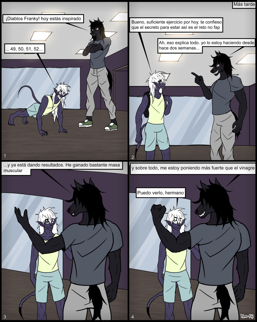 4:5 absurd_res anthro biceps black_body black_hair clothed clothing comic demon dialogue duo equid equine exercise flat_colors frank_fathih gym hair hi_res horse humanoid kimero_kat male mammal mirror moloch_gidianni muscular muscular_male purple_body spanish_text text translated_description vampire white_hair