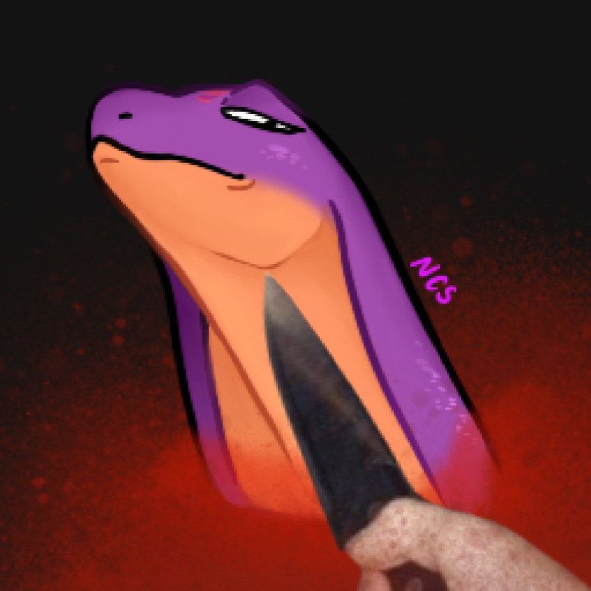 1:1 2020 anthro cobra disembodied_hand duo female female_focus hi_res humor keeshee knife knife_cat long_neck meme ncs purple_body real reptile scalie signature snake snake_hood solo_focus threatening weapon