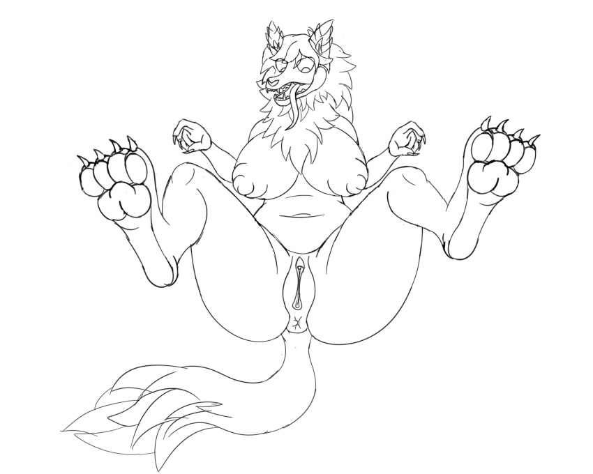 anthro anus bent_legs breasts canid canine claws demonkussh feet female genitals guide_lines hi_res legs_up lying mammal monochrome nude on_back pawpads paws pussy sagging_breasts scp-1471 scp-1471-a scp_foundation simple_background sketch solo spread_legs spreading teeth tongue tongue_out unfinished white_background